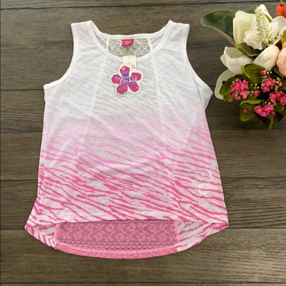 Pink and white tank top with lace back girls